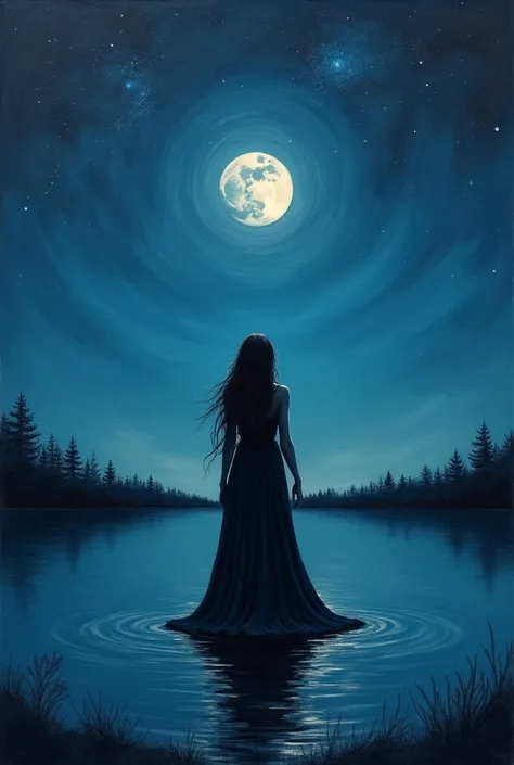 Night Sky, moon, Star, background, (Simple oil painting ， in style similar to Bill Sinkiewicz ), silent lake, night，Mysterious women,  A summoner dances to calm the souls of the deceased. Ceremony canvas clothes . Emotional. 