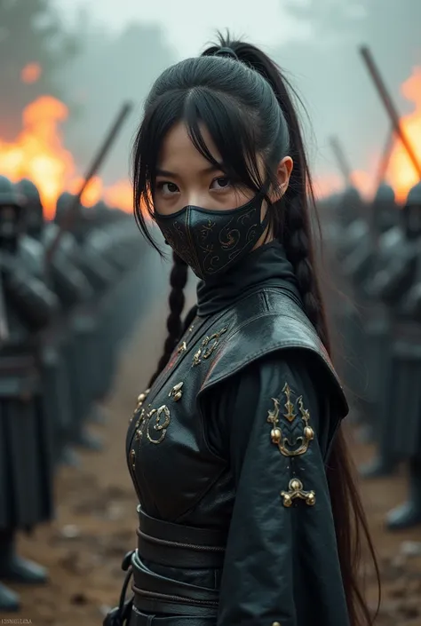 war，foes，十几个foes二十岁的日本女孩，  wearing dark steel  ，Patterned ，battlefield，Relentless ，Twin ponytails，Cold expression， Wearing a flame mask  ，  stand in a row  ， Everyone shows up 