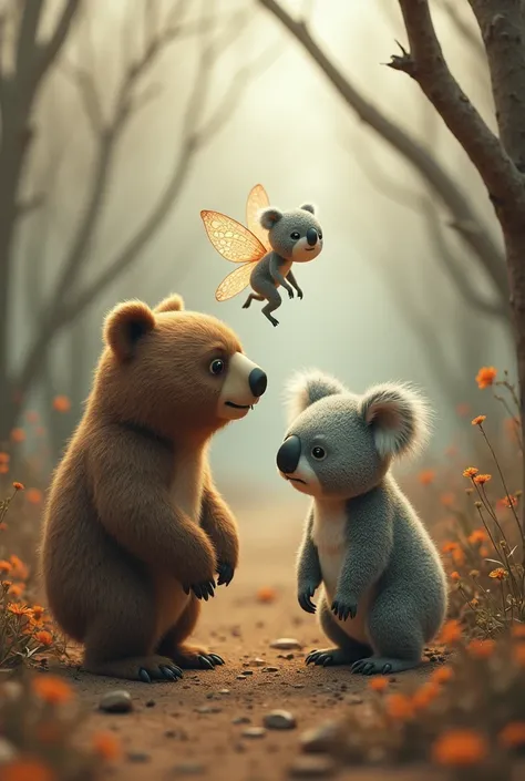 A bear, A sad koala and a fairy playing together in a forest with drought without sun and without flowers