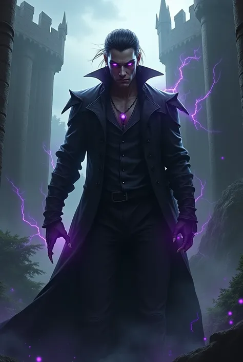 A villainous man with black, slicked-back hair, glowing purple eyes and medieval background.