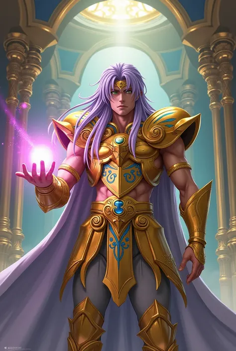 Create Saint Seiya  & Final Fantasy a handsome man with long straight lilac hair with green eyes wearing beautiful shimmering gold armor with blue details of the Aries sign with a rainbow energy sphere in his hand in a divine temple 