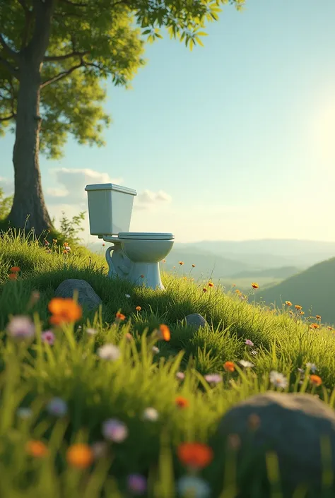 Please make an image of a toilet on a sunny hill with a perspective of a beautiful meadow