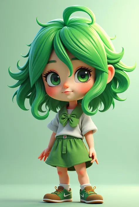 Fille entiere, mascotte, green hair, en mode photo reel
