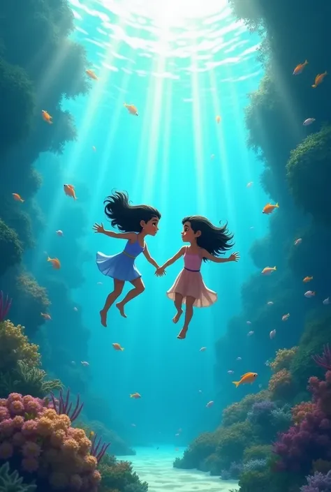 Neeli and Kashi swimming together through the clear blue water, with schools of fish and rays of sunlight piercing through the water.
