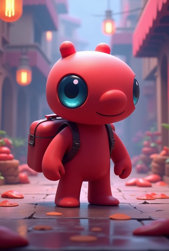 A red being with no arms, smooth skin and one eye that is just a cylinder-shaped glass with a backpack the color of his skin on his back in Brawl stars universe 4K HDR with a lots of detail. Volumetric light, reflexes RTX, dinamic. The background is Brawl ...