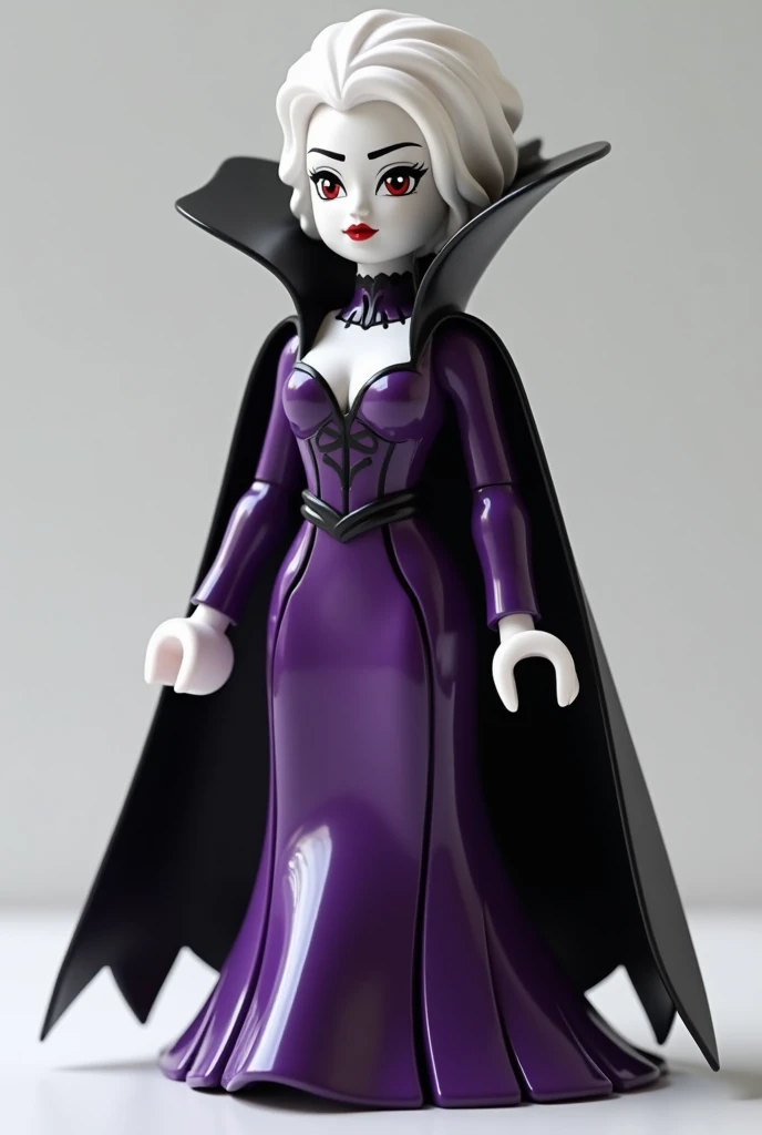 A LEGO design of a normal vampire character with an ultra-feminine and youthful appearance. The vampire has pale, almost porcelain-like white skin, with delicate and soft facial features. Her eyes glow red, adding a subtle but striking contrast against her...