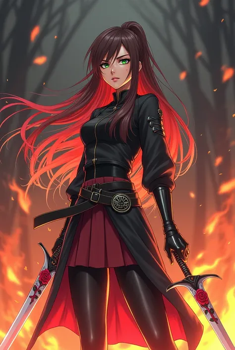  Generate me an anime-themed drawing Bleach . 
There must be a tall green-eyed girl with brown hair,  whose color turns cherry towards the end .  She has a scar on her right cheek and two swords in her hands :  one white with red roses ,  another black one...