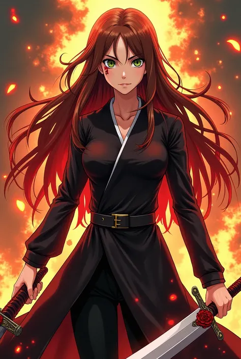  Generate me an anime-themed drawing Bleach . 
 There must be a tall, green-eyed girl with long, flowing brown hair,  whose color turns cherry towards the end . Dressed in a shinigami suit .  She has a scar on her right cheek and two swords in her hands : ...