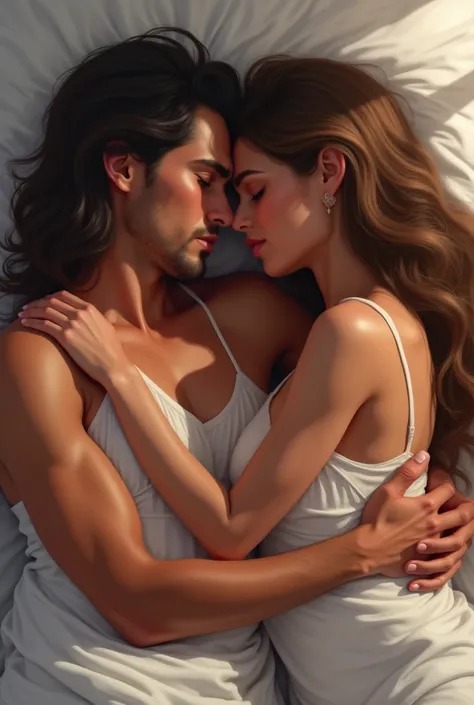 Create a digital painting of men and women hugging each other in bed. Men of curvy bodies with tanned skin, while women ask for white skin, sweet faces, long hair, faces close to each other like a drink.