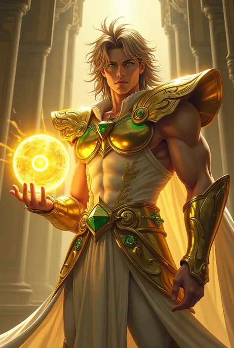 Create final fantasy style & Saint Seiya a handsome man with voluminous light brown hair with green eyes wearing beautiful shimmering gold armor with green Leo sign details holding a golden energy sphere in his hand in a divine temple 