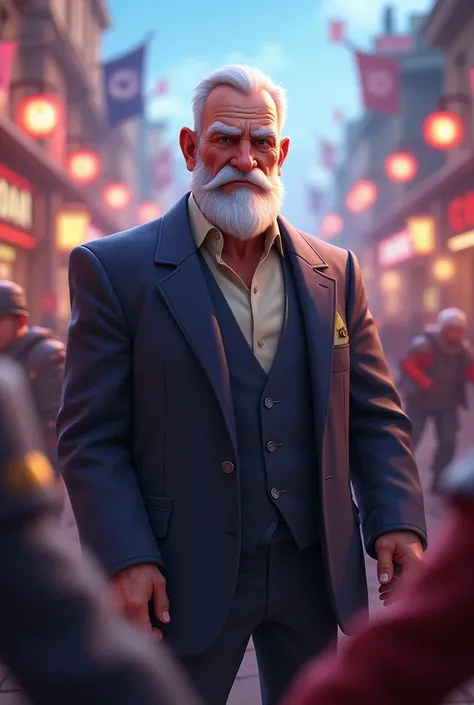 Hyperrealistic old man with short white Beard and hair using a suit in Brawl stars universe 4K HDR with a lots of detail. Volumetric light, reflexes RTX, dinamic. The background is Brawl stars showdown map.