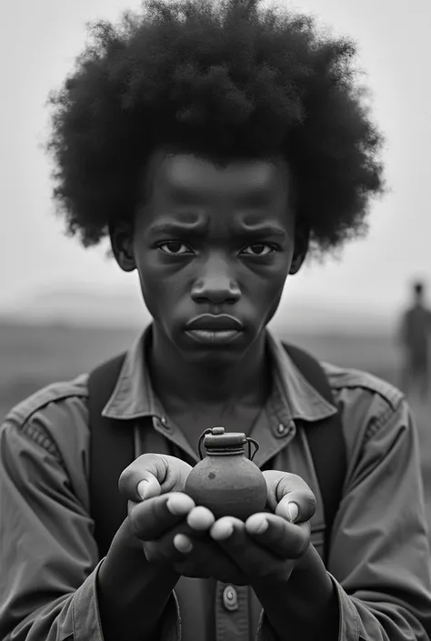 An ethiopian guy holding a litle b
omb during 1060s with afro hair