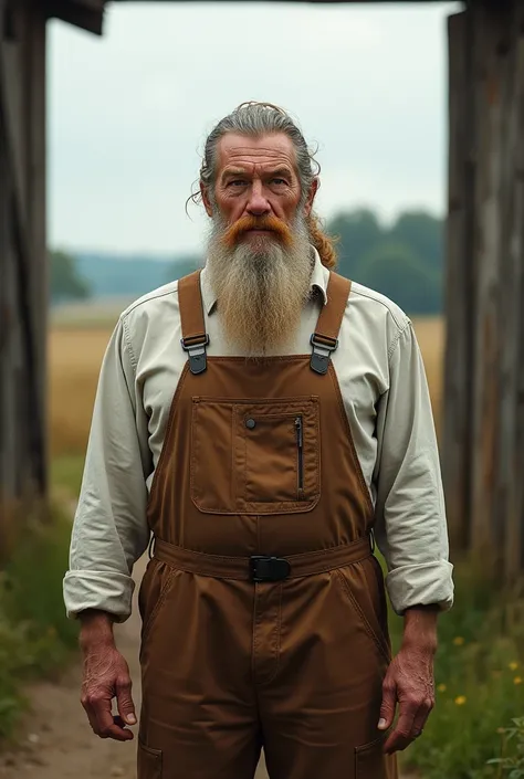  A white man with ginger and gray hair he has a long full beard and long hair in a ponytail, he is tall and strong, he is wearing a white long sleeve t-shirt and brown overalls, he is standing at farm gates, he is older, 53 years old. 4k ultra realistic ph...