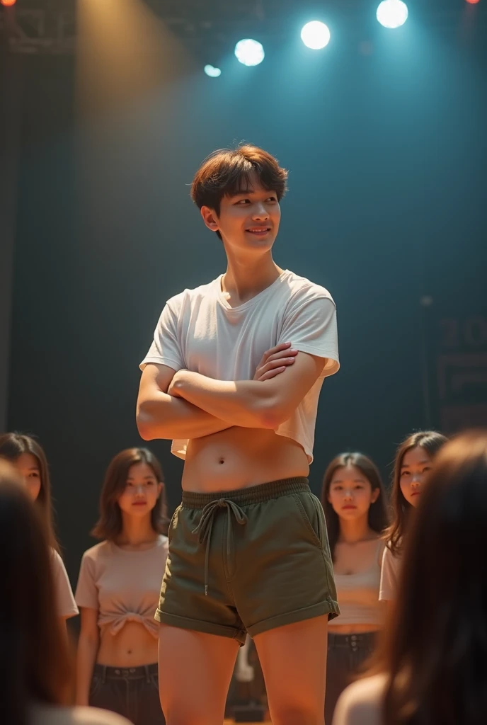 Realistic, cinematic photography,Teenage Korean guy,brown hair,, turn half face to camera,Stand with arms crossed,wearing white cropped t-shirt,no pants,army green loose waisted bikini underwear, brown comma hair, white pale skin,, skinny thin slim body, S...