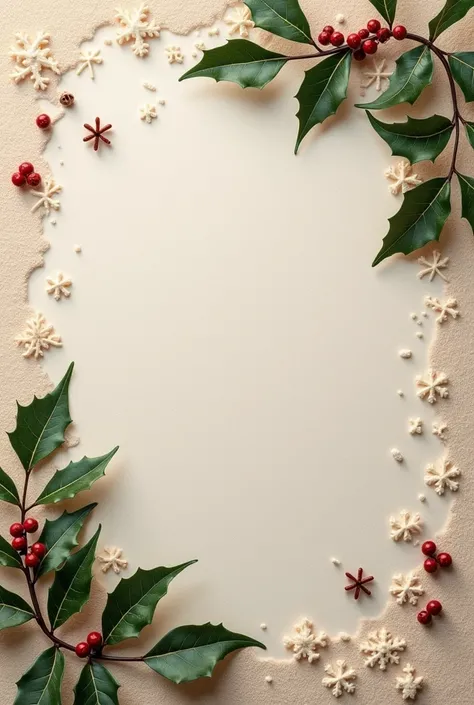 Effet laine beige background , avec des feuilles de houx et des élements qui rappelent l’hiver. Il faut que la photo soit de tres haute qualité et qu’elle face type photo pinterest neige fraiche  