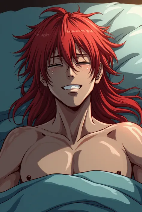 Long red hair sick man suffer from fever anime att with towel on forhead and his eyes are closed and he is breathing hard and his face is red