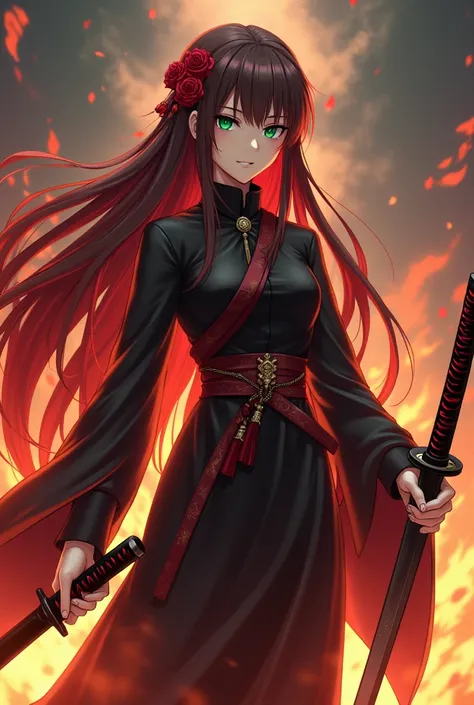  Generate me an anime-themed drawing Bleach . 
 There should be a tall girl with long, flowing brown hair,  whose color turns cherry towards the end . Emerald eyes . Dressed in a shinigami suit .  She has a scar on her right cheek and two katanas in her ha...