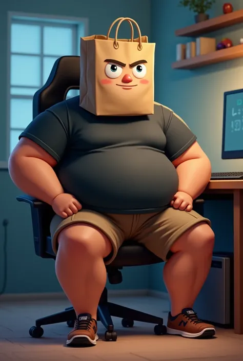 Create a chubby male meme character weighing 100 kg Atlético in front of a computer in a gamer chair Moreno Zuero sitting in brown shorts, a black t-shirt and a brown shopping bag covering the face with eyes cut into the bag to fill  