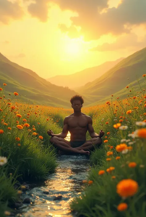 A vast, vibrant green field filled with colorful wildflowers, where a strong, athletic figure meditates by a crystal-clear stream. The horizon glows with golden hues of a setting sun, symbolizing renewal and mental clarity. A stunning digital art style and...