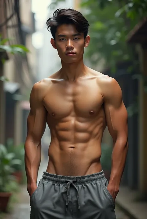  thai man , Age 15,  teen,  he has a lot of belly hair , Have a solid six-pack, Wear gray pants,  tongue twisters