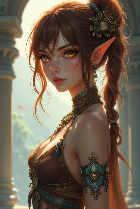  Beautiful Girl, gray skin color, sexy body ,  golden eyes ,  brown hair color ,  tribal clothing,  anime style