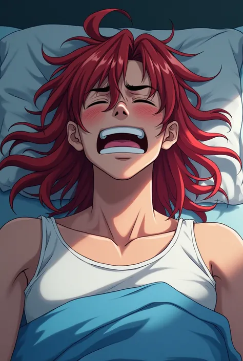 Long red hair sick man suffer from fever anime att 
with towel on forhead 
and his eyes are closed he is breathing hard 