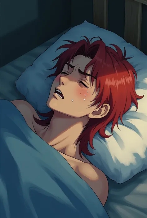 Long red hair sick man suffer from fever anime att 
with towel on forhead 
and his eyes are closed 