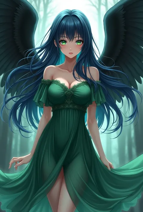 Anime Female Long Hair Dark Blue Eyes Yes Green Dress Long Bust Black Wings