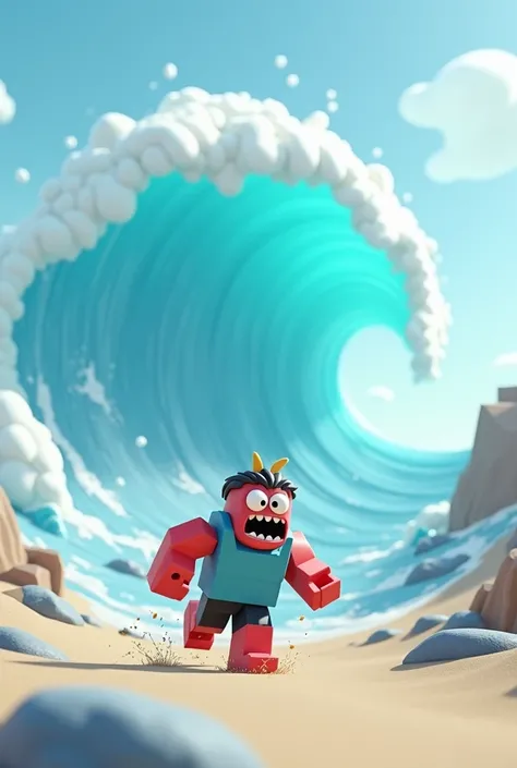 Draw a roblox monster running away from a big sticky white tsunami