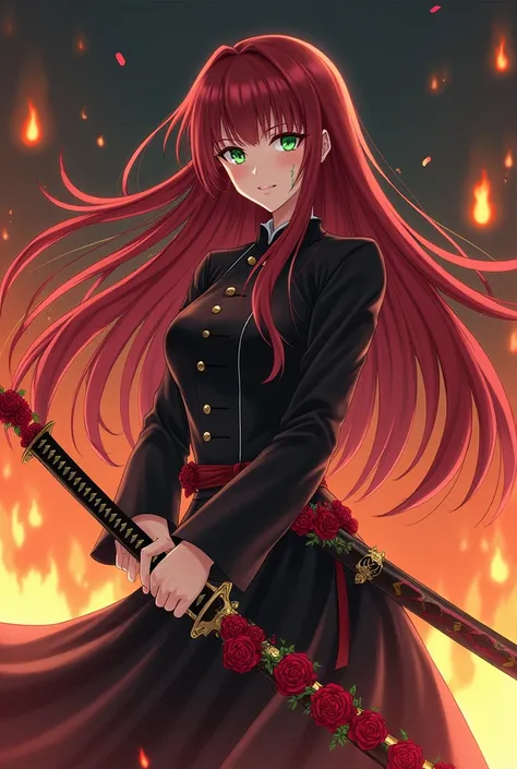  Generate me an anime-themed drawing Bleach . 
 There should be a tall girl with long, flowing brown hair,  whose color turns cherry towards the end . Emerald eyes . Dressed in a shinigami suit .  She has a scar on her right cheek and two katanas in her ha...