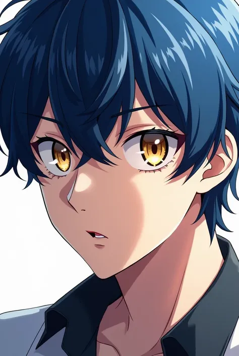 Half-image of a young man with dark blue hair with golden eyes, Anime,  white background