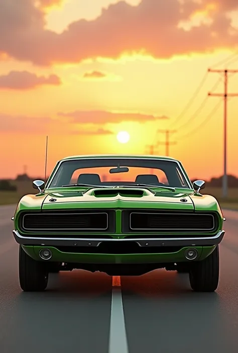 

"Combine the features of a green and a red classic muscle car into a single hybrid vehicle. Retain the bold hood scoop and front grille details from both cars, blending their designs harmoniously. Incorporate the vibrant green and red paint schemes in a ...