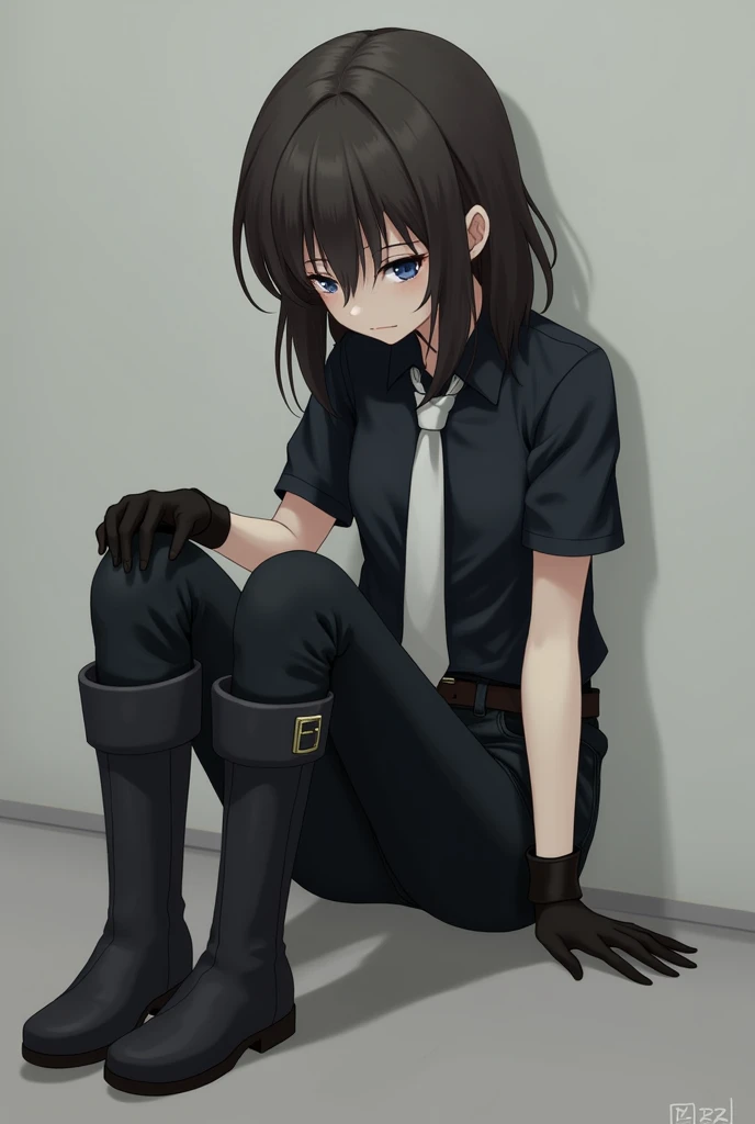  ×The girl with dark brown hair under the square, with dark blue tired eyes, black short sleeve shirt, white tie,  black jeans , belt on the waist,  Black gloves ,  high Dark colored boots×
×anime , art,  sad pose , sad, sadly ,sad sitting× 