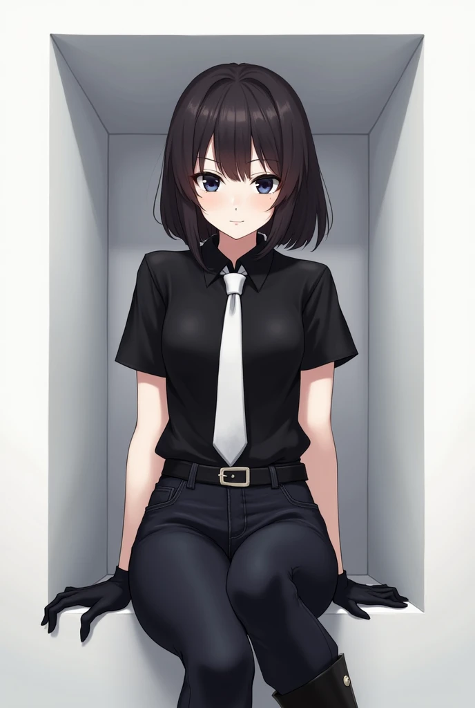  ×The girl with dark brown hair under the square, with dark blue tired eyes, black short sleeve shirt, white tie,  black jeans , belt on the waist,  Black gloves ,  high Dark colored boots×
×anime , art, the pose is cool,sitting cool ×