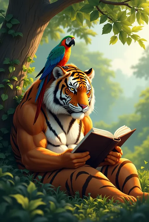 A muscular tiger is reading book under a tree with parrot who is sitting on tiger shoulder 