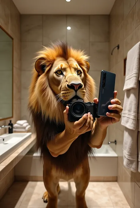 A lion taking pictures on the bathroom with a Samsung and a galaxy s22