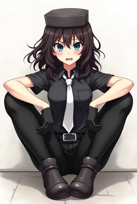  ×A girl with dark brown-haired hair under the square, with dark blue tired eyes, black short sleeve shirt, white tie,  black jeans , belt on the waist,  Black gloves ,  high Dark colored boots×
×anime , art, the pose is cool,angry puffy sitting