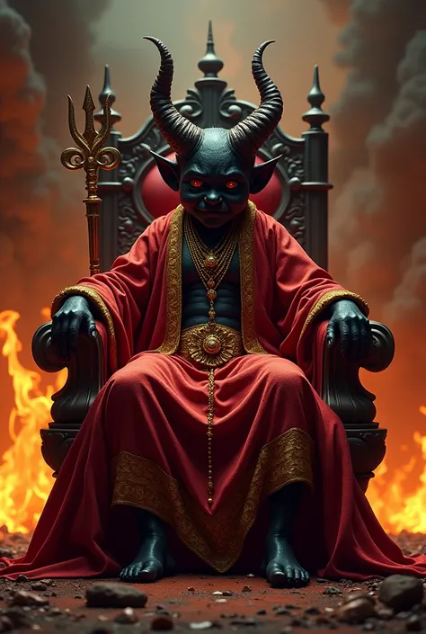 A small dark-skinned  sitting on a throne and a mischievous expression.  Hes wearing gold jewelry and wearing red and gold clothes . The scenario is hellish,  with flames and a dark throne . Theres a trident next to him .  Its a surreal and provocative ima...