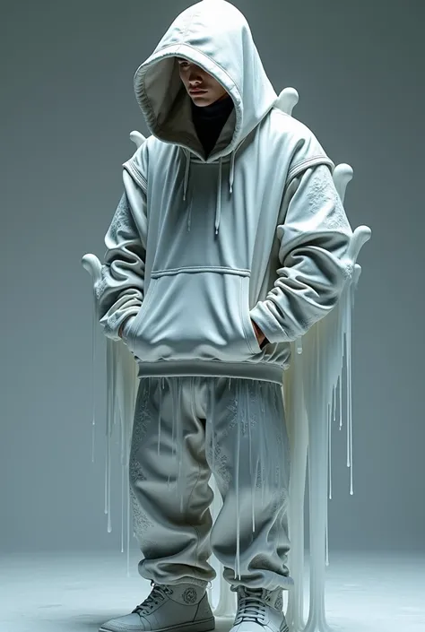 Melted Textures: Clothes that appear as though they’re melting or dissolving, achieved through layered sheer fabrics or laser-cut designs. in hoodie and sweatpants set