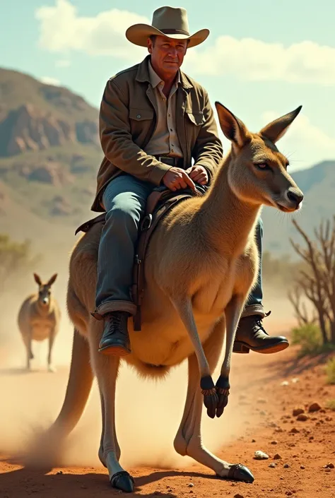 John Wayne riding a kangaroo
