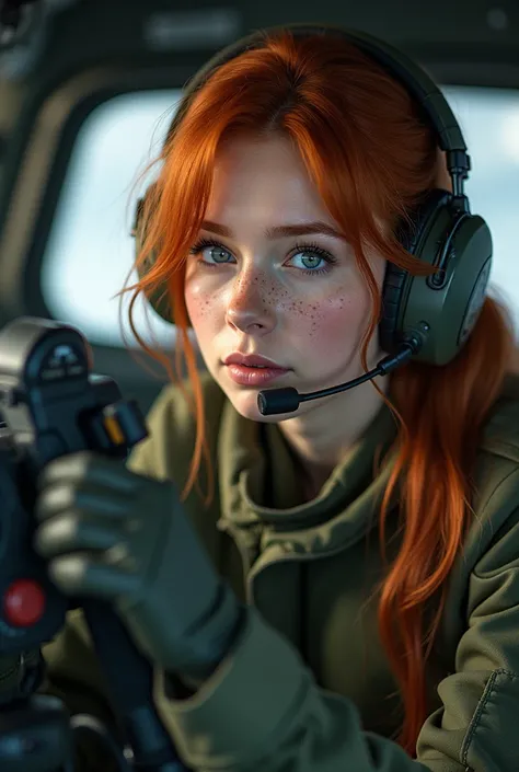 Beautiful girl in army military Rússia ruiva com sardas, communication technique, Full image 2024
