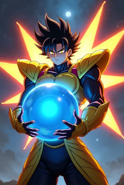 A male, wearing yellow black red armoured costume, holding a big cool blue spherical orb, yellow red ray coming out from his back, anime figure, he is looking at the orb, black hair, detailed picture, anime figure, background space, golden eyes 