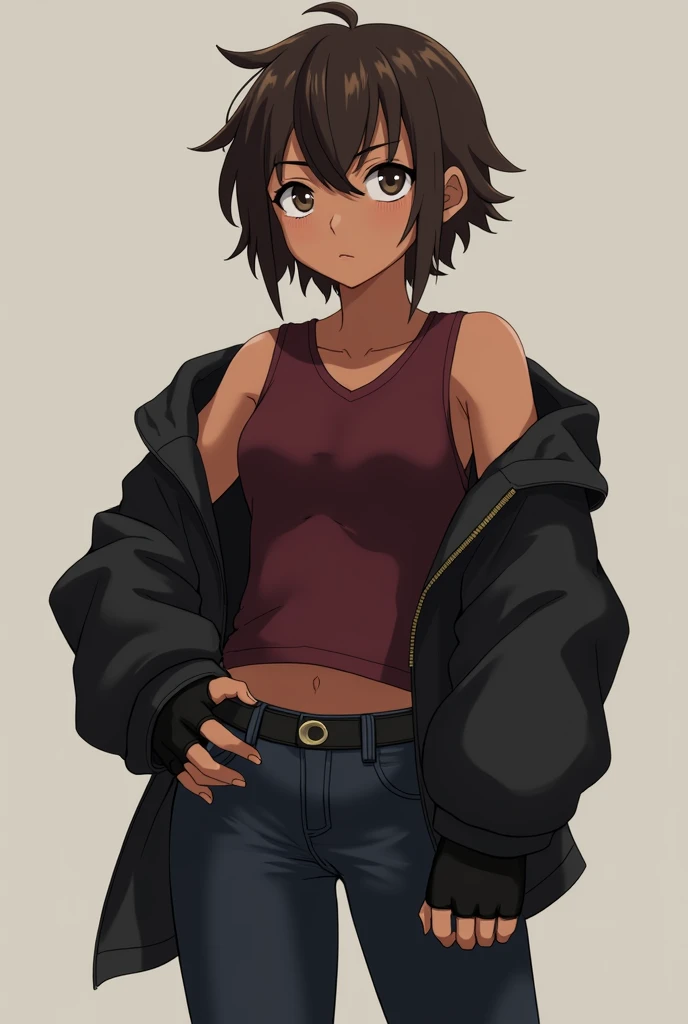 Anime dark skinned, flat chested girl with short brown hair and brown eyes. 
wearimg a simple dark red shirt under a black jacket. Black Fingerless gloves and jeans. Theyre somewhat muscular 