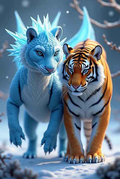 create 32k: In a single frame, display both an ice dragon and a tiger, each with a unique aura. The background matches the hybrid image, creating a cohesive scene. The ice dragon, with its icy blue scales, wings, and frosty breath, stands out distinctly fr...