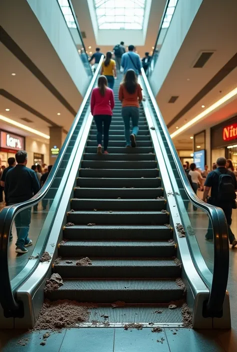  Escalators with worn or unmaintained steps, What can cause accidents .
 Damaged escalator in a shopping mall