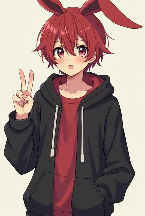 ( male anime character ) and a (Young anime characters) look. featuring ( Animated Cute Style ), featuring (1 male). He is wearing (Hoodie black) And there are cute ones ( Rabbit Ears) Either ( bunny ears ), (long floppy  Rabbit Ears:1.2), or (big  Rabbit ...