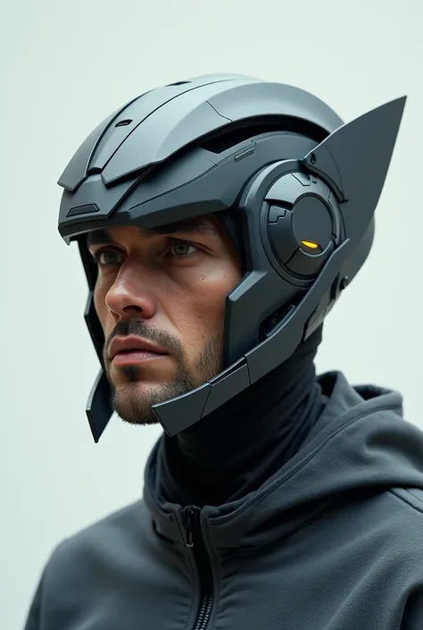 A man with a futuristic helmet, only the helmet is futuristic