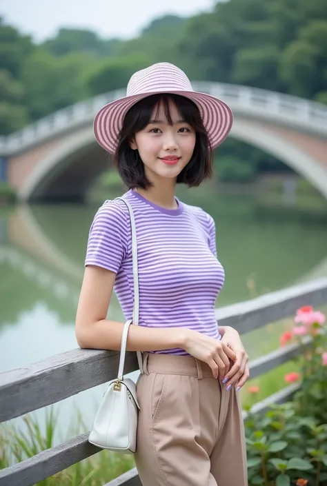  A Korean woman with short shoulder-length hair ,leather pouty , wearing a stripe print hat " long purple , wearing a striped t-shirt "  hands folded light purple , in combination with box print pants " light brown , wearing a white bag , standing leaning ...