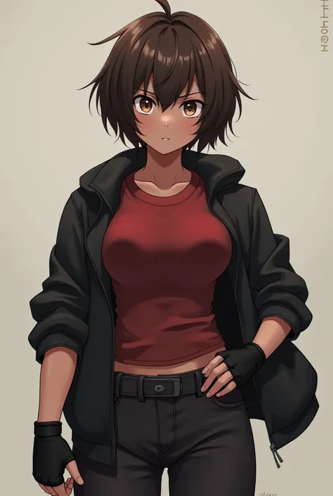 Anime dark skinned, flat chested girl with short brown hair and brown eyes. 
wearimg a simple dark red shirt under a black jacket. Black Fingerless gloves and jeans. Theyre somewhat muscular 