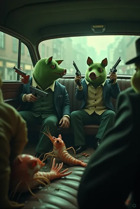 Peaky Blinders-style gang of green pigs inside a car and shooting at a group of shrimp